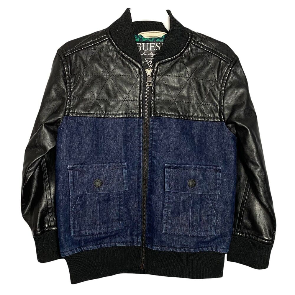 Guess Boys Kids Faux Vegan Leather Denim Jacket Size Small 4 Full Zip